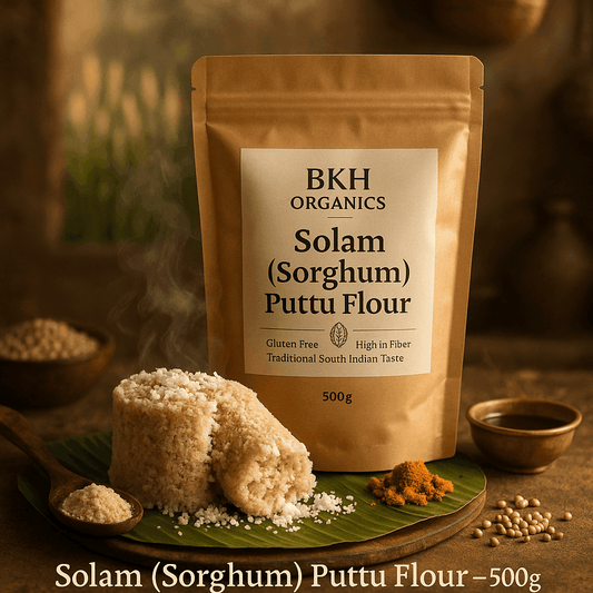 BKH Organics Solam (Sorghum) Puttu Flour package with sorghum flour, puttu, and ingredients on a leaf.