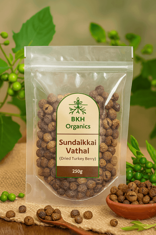 Packaged product of BKH Organics Sundaikkai Vathal with green leaves in the background