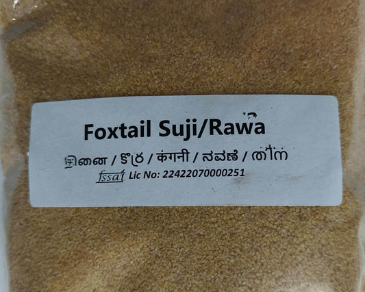 Packaged product labeled 'Foxtail Suji/Rawia' with a label on top. Thinai Rava - BKH Organics
