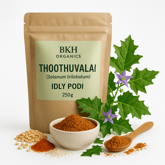 BKH Organics Thoothuvalai IDLY PODI packaging with ingredients on a white background