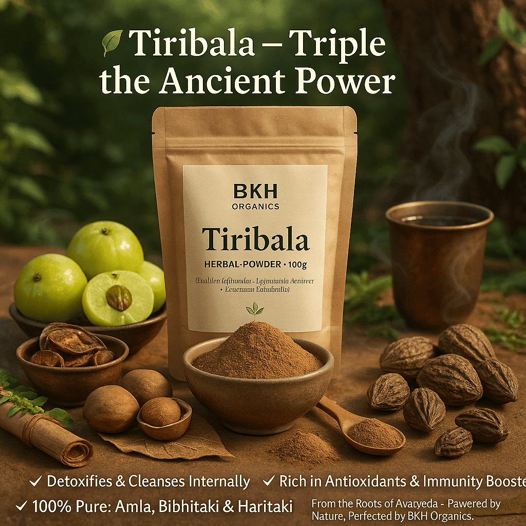 BKH Organics Tiribala herbal powder package with ingredients on a wooden surface