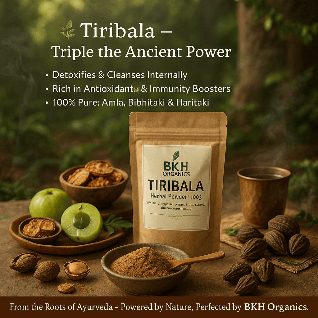 BKH Organics Tiribala herbal powder package with ingredients on a wooden table.