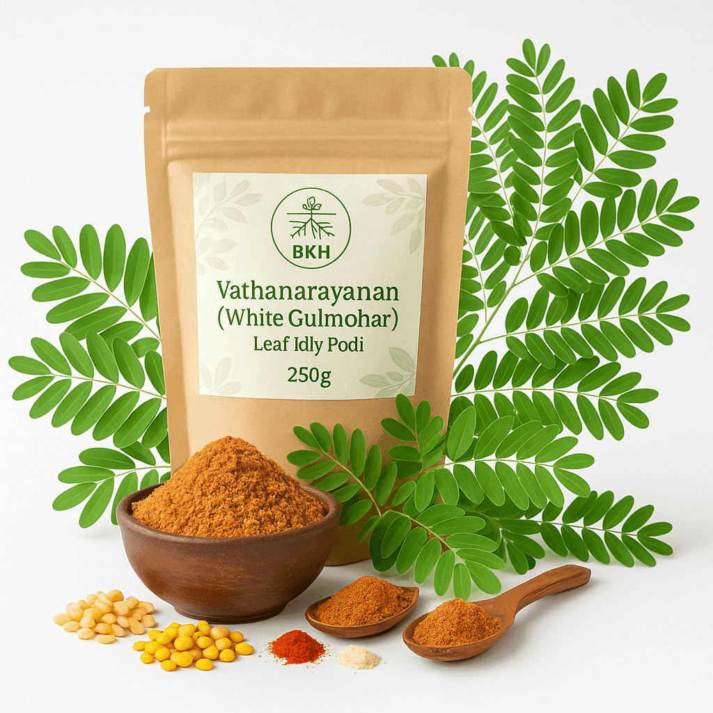 BKH Vathanarayanan White Gulmohar Leaf Idly Podi packaging with leaves and spices on a white background