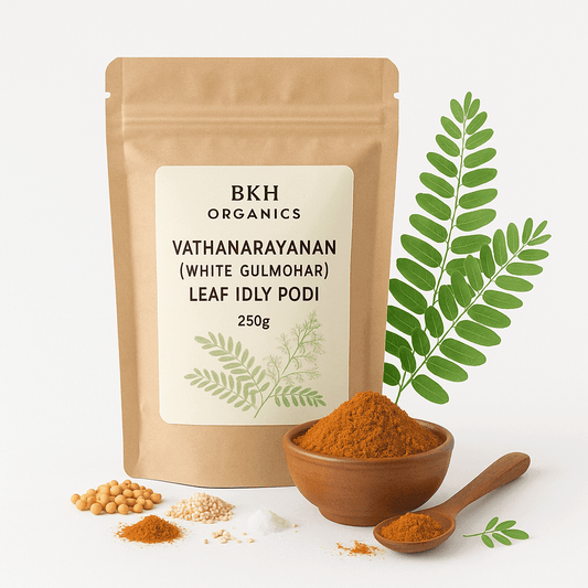 BKH Organics Vathanarayanan Leaf Idly Podi packaging with a bowl of spice and leaves on a white background
