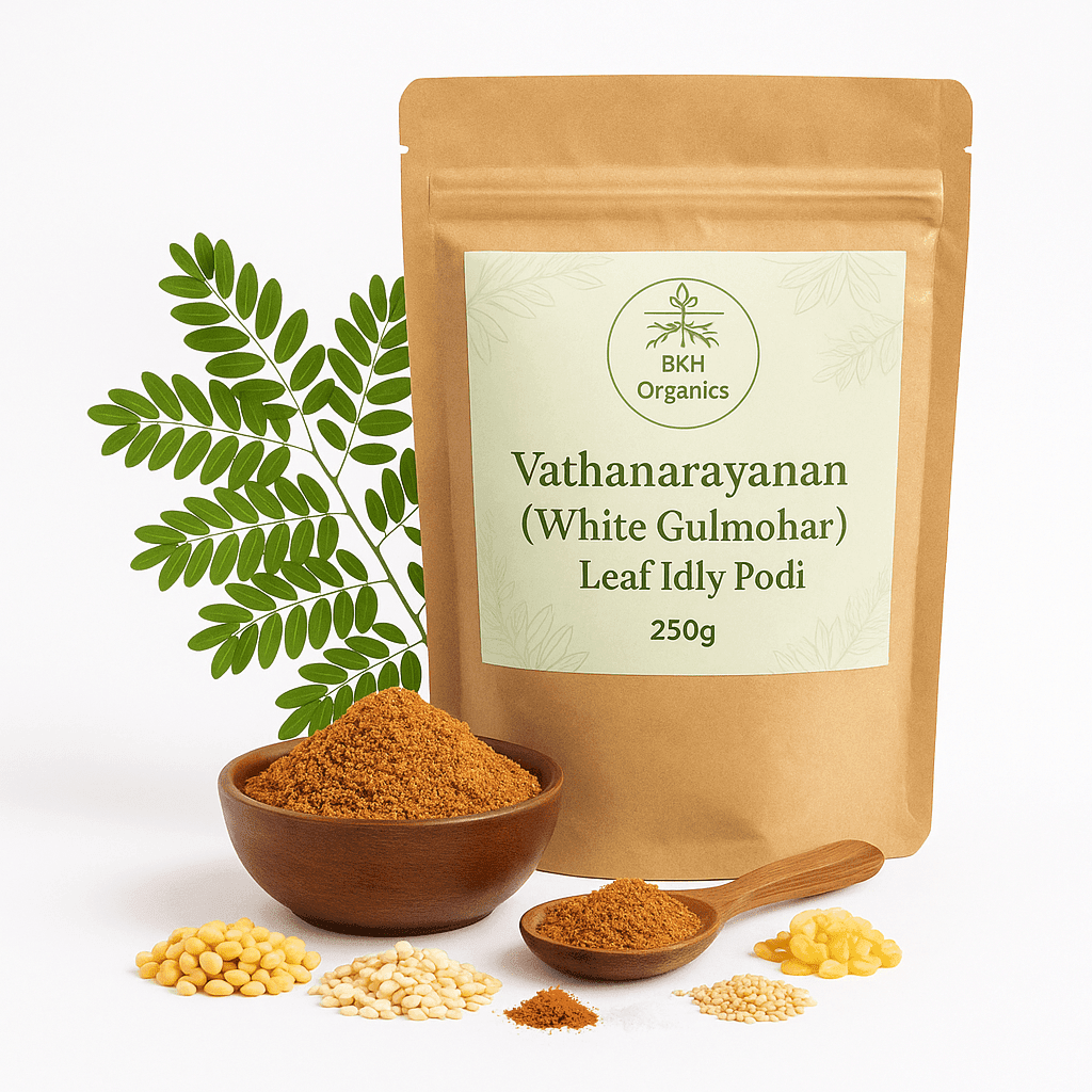 BKH Organics Vathanarayanan Leaf Idly Podi packaging with a bowl of spice and leaves on a white background
