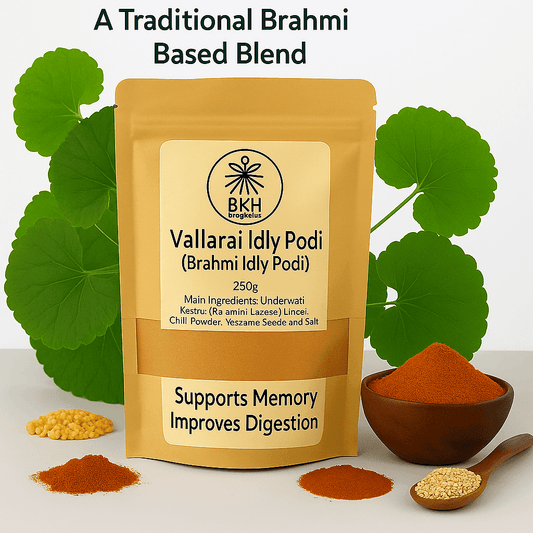 BKH Vallarai Idly Podi package with ingredients and leaves on a light background