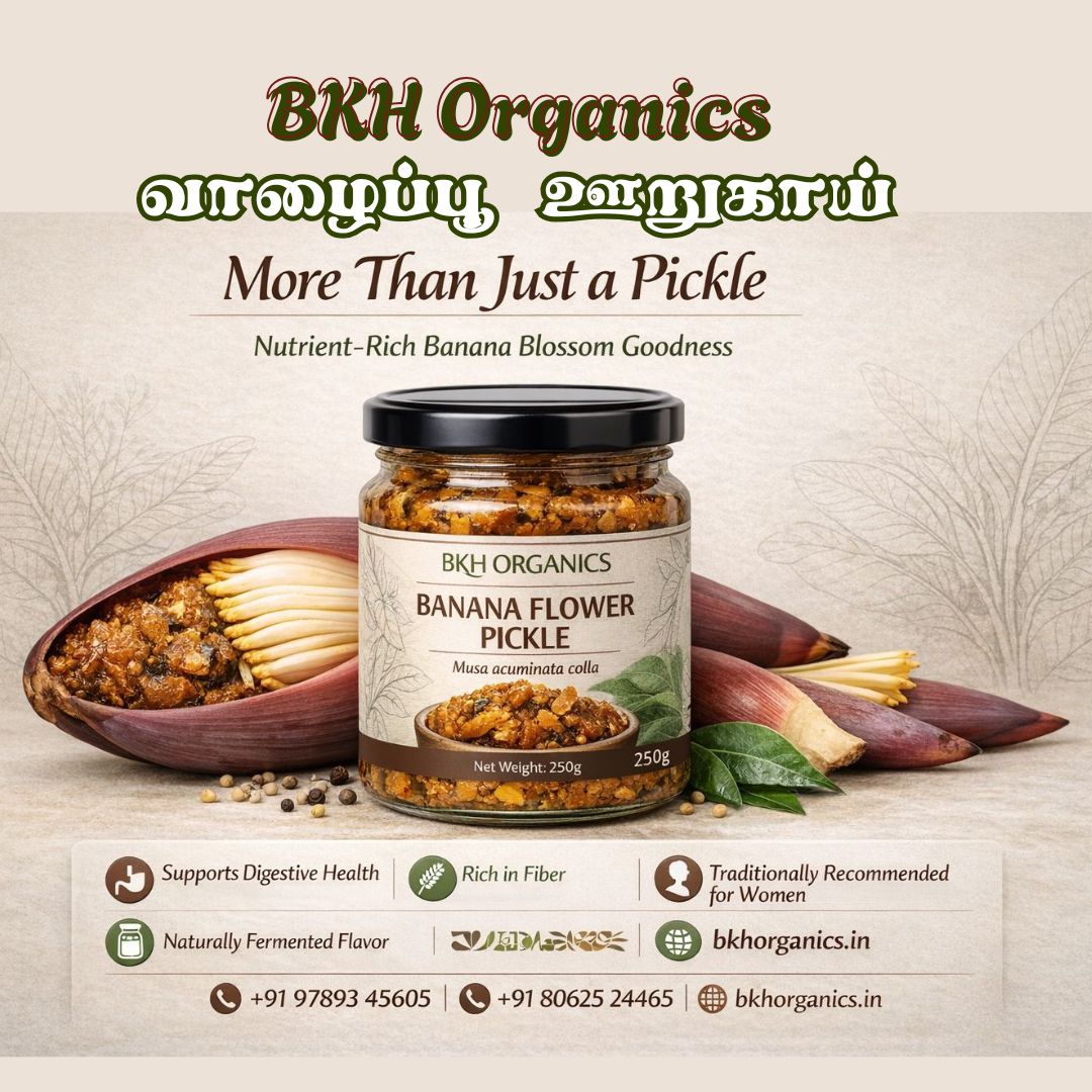 BKH Organics Banana Flower Pickle jar with banana blossoms on a textured background