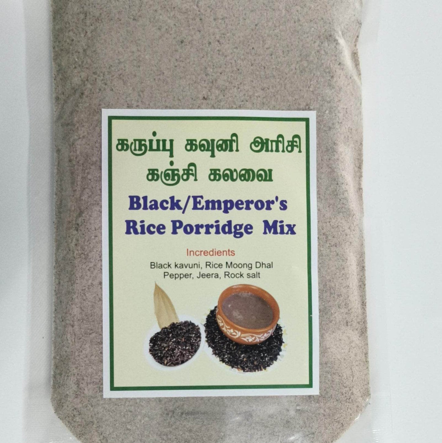 Bag of Black/Emperor's Rice Porridge Mix with a label on a white background