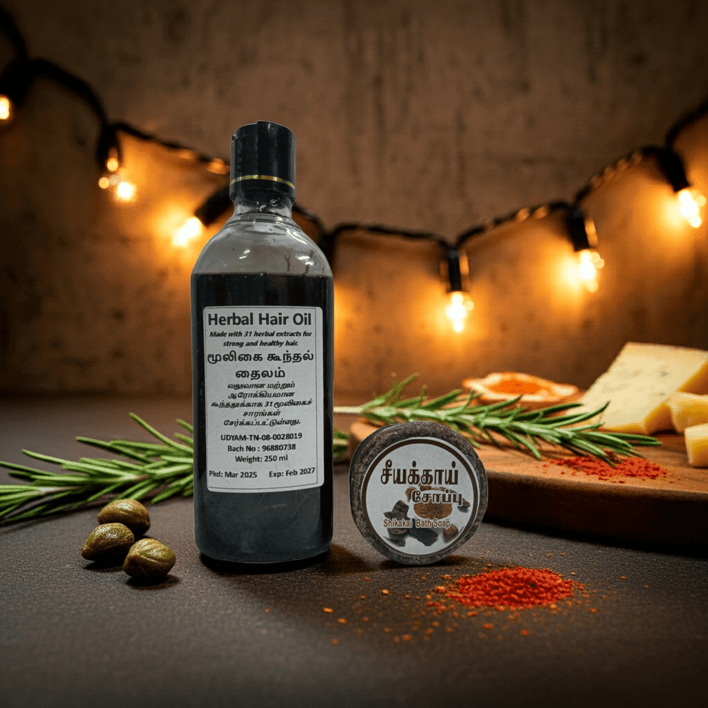 Herbal hair oil bottle with ingredients on a rustic background
