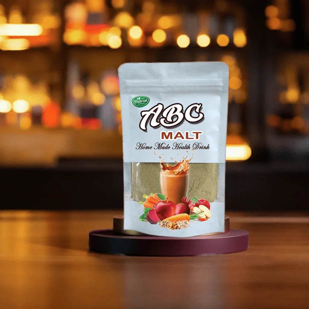 ABC Malt package on a stand with a blurred bar background ABC Malt 250g - BKH Organics