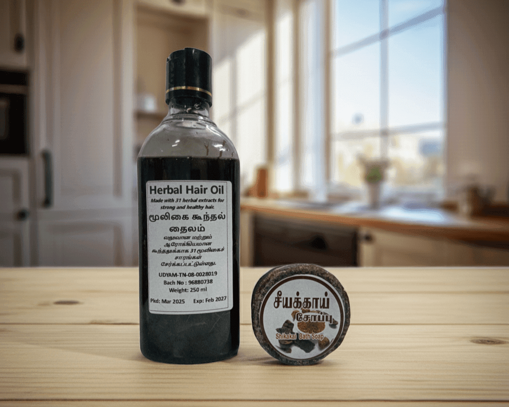 Herbal hair oil bottle with a cap on a wooden surface in a kitchen setting