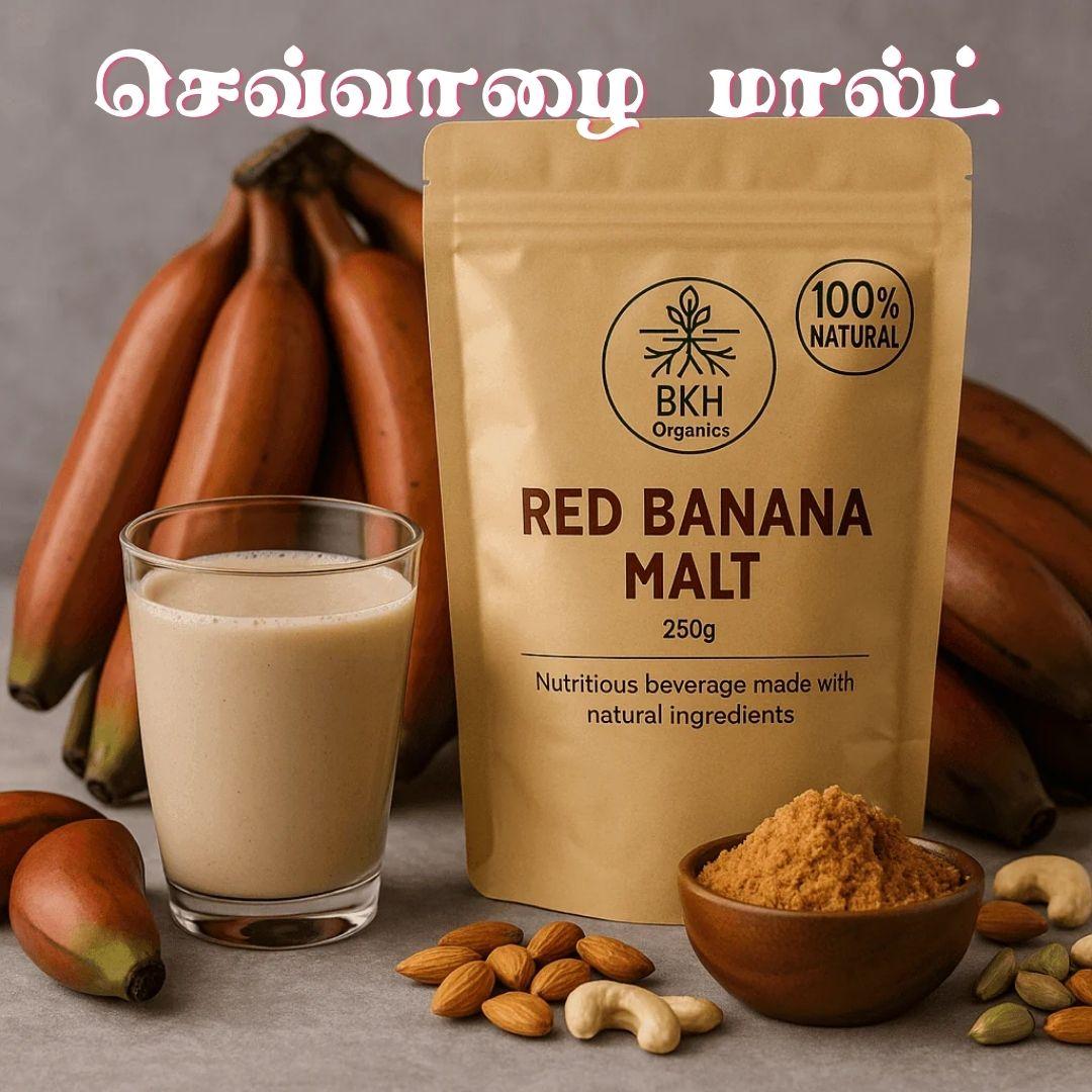 BKH Organics Red Banana Malt package with a glass of malt, bowl of powder, and bananas on a gray background.