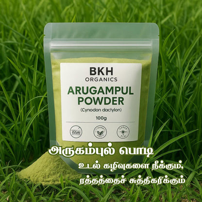 BKH Organics Arugampul Powder packaging on grass