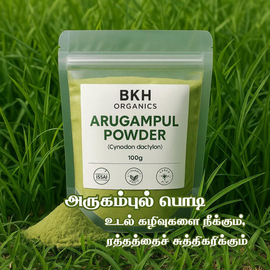 BKH Organics Arugampul Powder packaging on grass