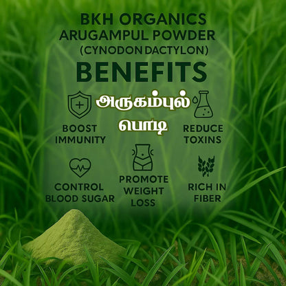 BKH Organics Arugampul Powder benefits text overlay on a green grass background