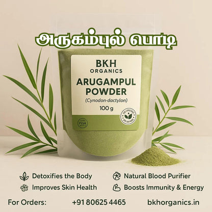 BKH Organics Arugampul Powder packaging with green leaves on a beige background