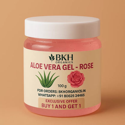 Jar of BKH Organics Aloe Vera Gel Rose on a beige background