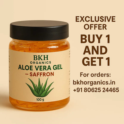 Jar of BKH Organics Aloe Vera Gel Saffron on a beige background with promotional text.