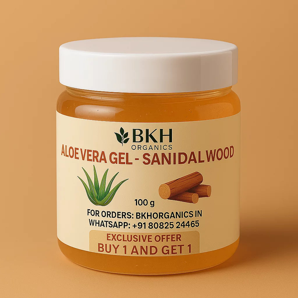 Jar of BKH Organics Aloe Vera Gel with Sanidal Wood on a beige background