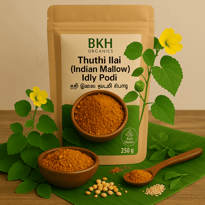 BKH Organics Thuthi Ilai packaging with bowls of powder and plant elements on a wooden surface.