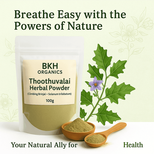 BKH Organics Thoothuvvalai Herbal Powder packaging with herbs and text on a light green background. Thoothuvalai Herbal Powder 100g - BKH Organics