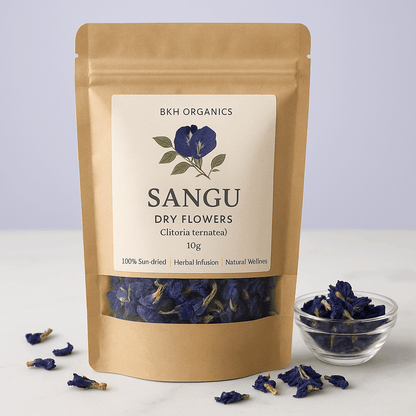 BKH Organics Sangu dry flowers packaging with flowers around on a light background