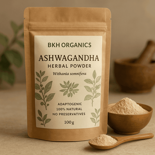 BKH Organics Ashwagandha herbal powder package with a bowl and spoon of powder on a beige background. Aswagandha Herbal Powder 100g - BKH Organics