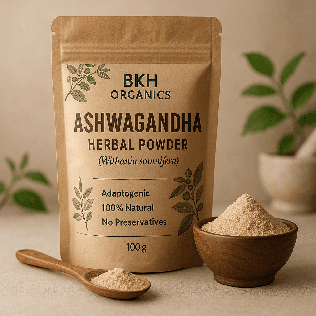 BKH Organics Ashwagandha herbal powder packaging with a bowl of powder and spoon on a neutral background. Aswagandha Herbal Powder 100g - BKH Organics