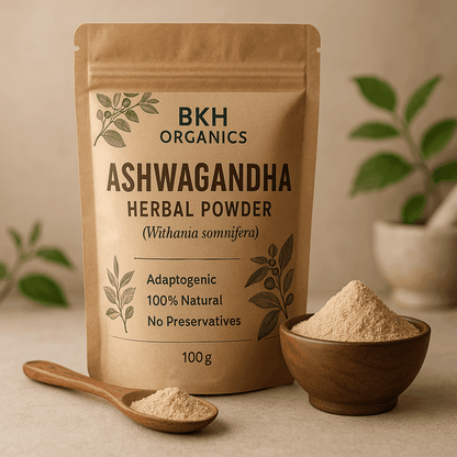 BKH Organics Ashwagandha herbal powder packaging with a bowl of powder and spoon on a neutral background. Aswagandha Herbal Powder 100g - BKH Organics