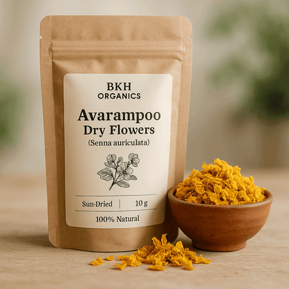 BKH Organics Avarampoo Dry Flowers packaging with a bowl of flowers on a wooden surface.