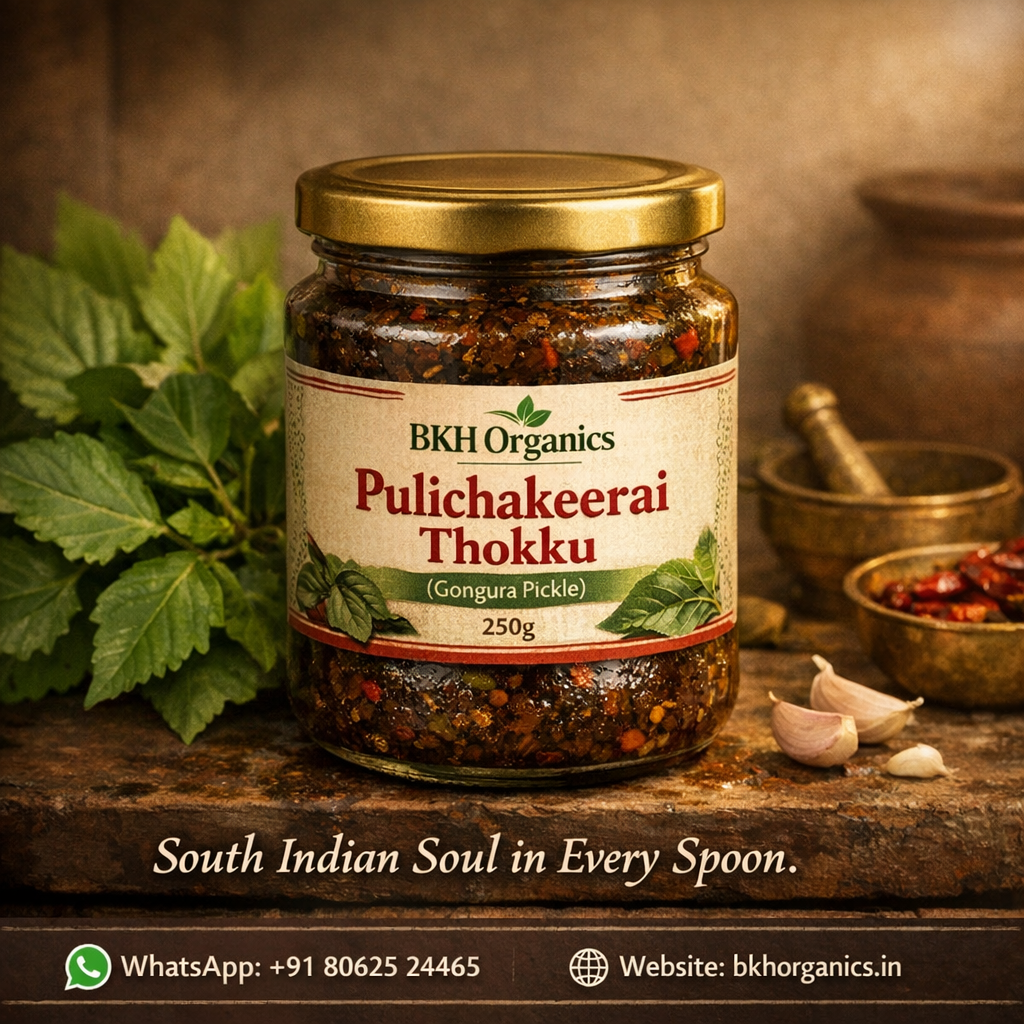 Jar of BKH Organics Pulichakeerai Thokku on a rustic wooden surface with leaves and garlic.
