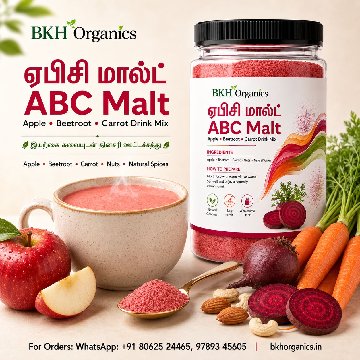 BKH Organics ABC Malt Apple Beetroot Carrot Drink Mix in a clear jar with a black lid, shown alongside a cup of pink drink, apples, carrots, beetroots, and spices on a beige background with promotional text.