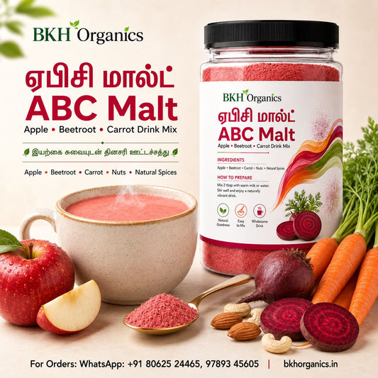 BKH Organics ABC Malt Apple Beetroot Carrot Drink Mix in a clear jar with a black lid, shown alongside a cup of pink drink, apples, carrots, beetroots, and spices on a beige background with promotional text.