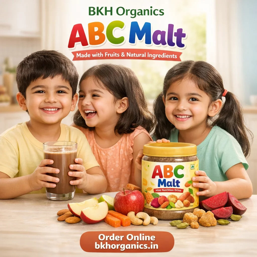 Children with ABC Malt product and a glass of juice, with BKH Organics branding.