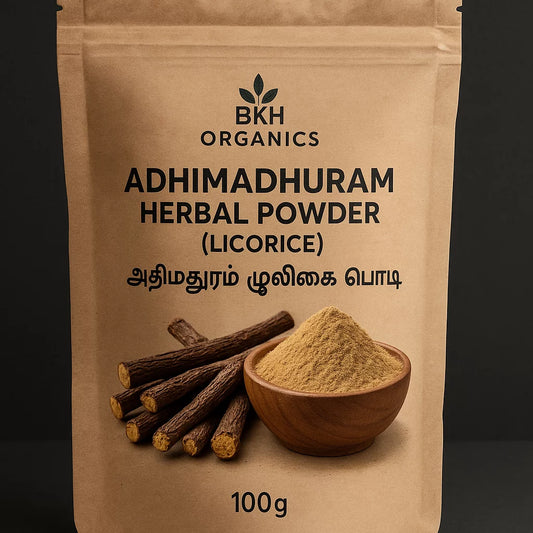 BKH Organics Adhimadhuram Herbal Powder packaging with licorice roots and powder on a black background