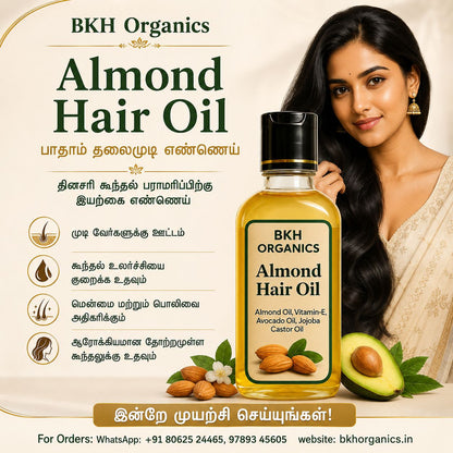 BKH Organics Almond Hair Oil with a woman holding the bottle and an avocado next to it.