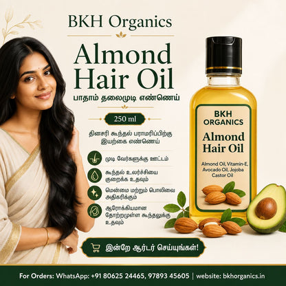 BKH Organics Almond Hair Oil advertisement with a woman and product details.