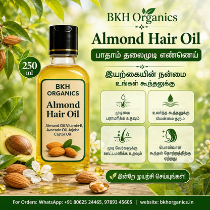 BKH Organics Almond Hair Oil bottle with ingredients and benefits displayed on a natural background