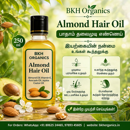 BKH Organics Almond Hair Oil bottle with ingredients and benefits displayed on a natural background