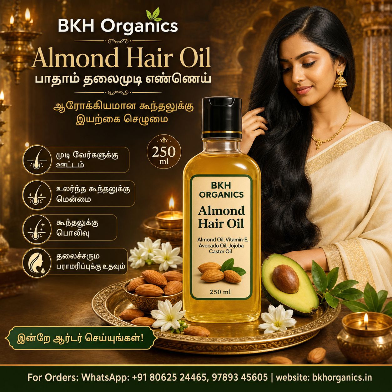 BKH Organics Almond Hair Oil with a woman and traditional elements