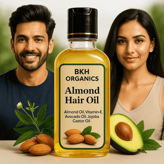 BKH Organics Almond Hair Oil bottle with a man and woman on either side, surrounded by almonds and an avocado.
