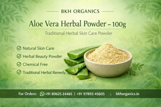 BKH Organics Aloe Vera Herbal Powder packaging with a bowl of powder and aloe vera leaves on a green background.