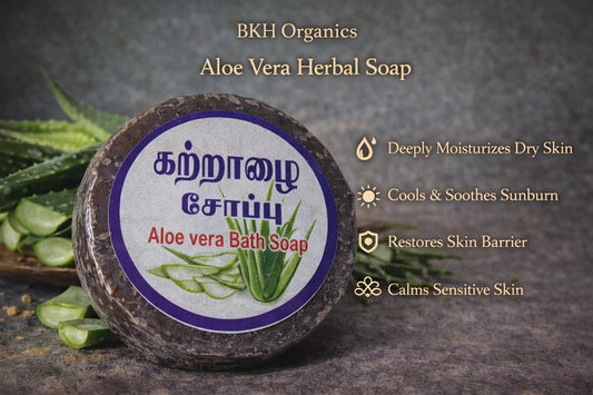 Aloe Vera Herbal Soap with a label and aloe vera leaves on a dark background, BKH Organics