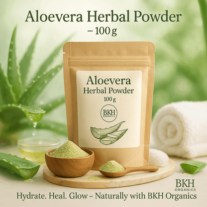 Aloevera Herbal Powder package with aloe vera leaves and a bowl of powder on a light background. Aloevera Herbal Powder 100g - BKH Organics