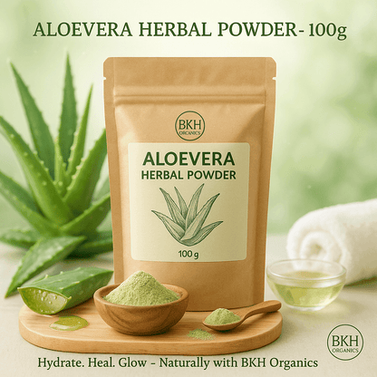 BKH Organics Aloe vera herbal powder package with aloe vera leaves and aloe vera juice on a wooden board. Aloevera Herbal Powder 100g - BKH Organics