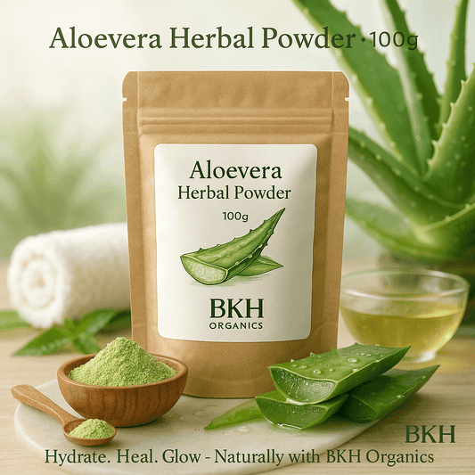 Aloevera Herbal Powder package with aloe vera leaves and a bowl of powder on a wooden surface. Aloevera Herbal Powder 100g - BKH Organics