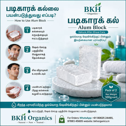 An informational advertisement for BKH Organics Alum Block natural after-shave care. The graphic features a central product display of two white rectangular alum blocks, alongside a step-by-step guide on how to use them, showing circular images of hands and a man applying the blocks.