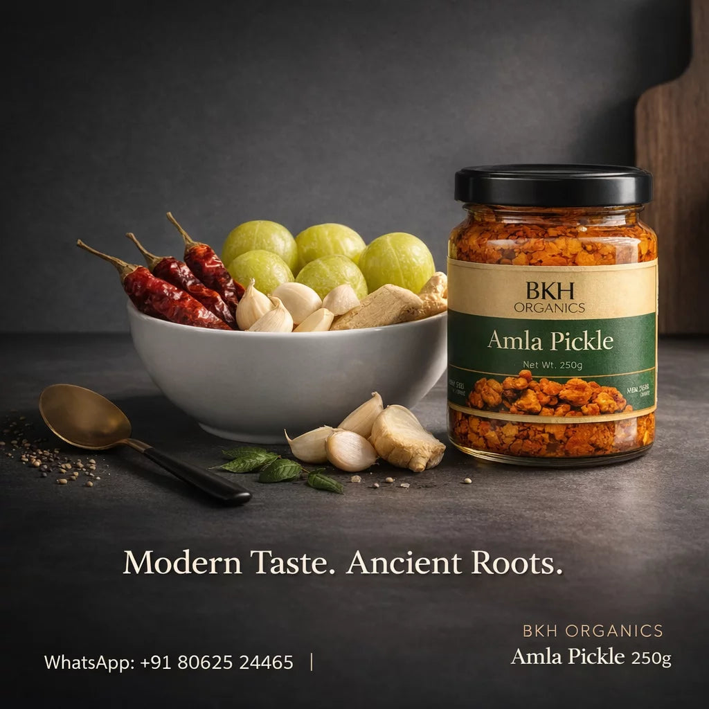 BKH Organics Amla Pickle jar with ingredients on a dark background