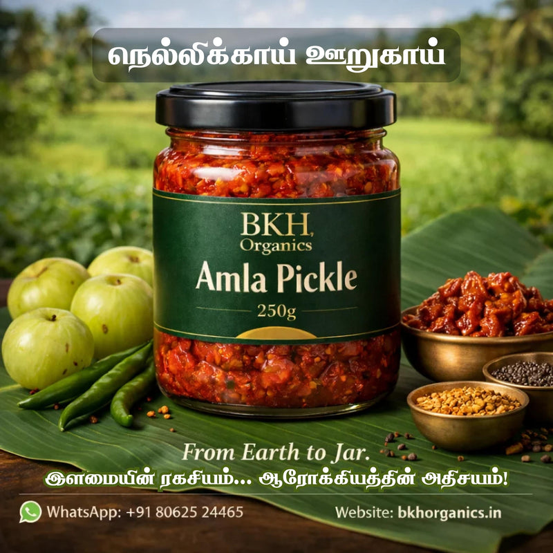 BKH Organics Amla Pickle jar with green apples and leaves on a natural background