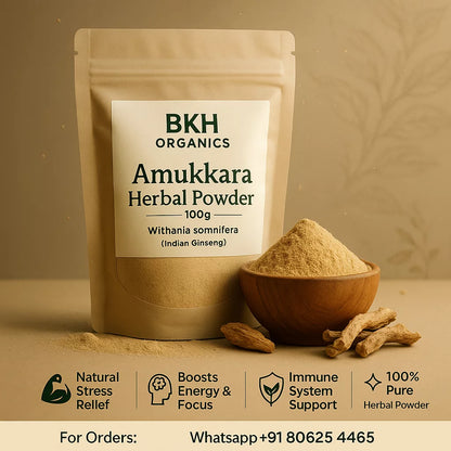 BKH Organics Amukkara Herbal Powder packaging with powder in a bowl and roots on a beige background, Indian Ginseng